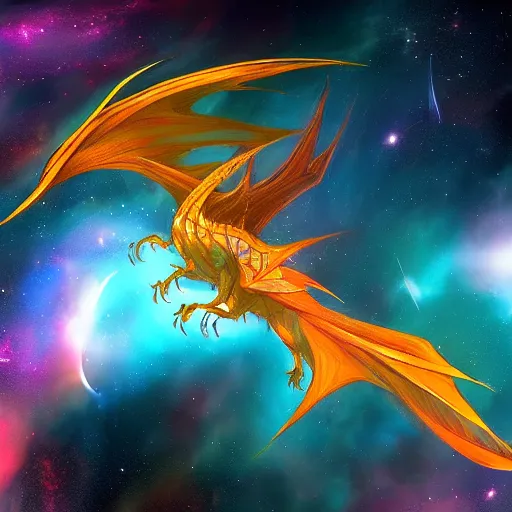 Prompt: A wind dragon flying in space, a stunning and intricate nebula in the background, artstation, award-winning, stunning