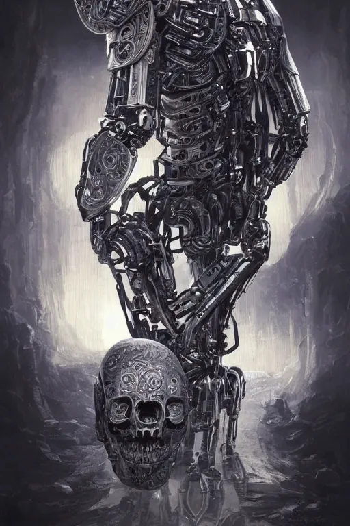 Prompt: Ultra realistic illustration of a robot sitting holding a human skull in it's hands, rune-engraved armor, cyberpunk, sci-fi, fantasy, intricate, elegant, highly detailed, digital painting, artstation, concept art, smooth, 8k octane render, extremely hyperdetailed, intricate complexity, sharp focus, illustration, art by artgerm and greg rutkowski and beeple
