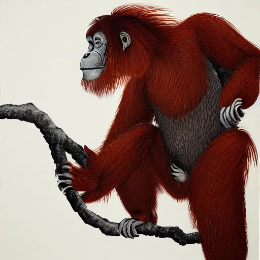 Image similar to a japanese ink block painting of an orangutan, 4 k, hyper realistic, dslr, high resolution, landscape, beautiful
