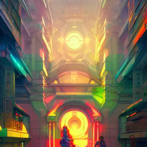 Prompt: street view of a cybernetic temple, vaporwave aesthetic, colorful, psychedelic, digital painting, artstation, concept art, smooth, sharp focus, illustration, art by artgerm and greg rutkowski and alphonse mucha
