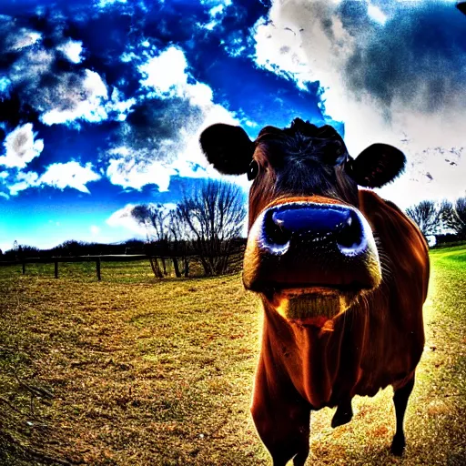 Prompt: fish eyed view of a cow