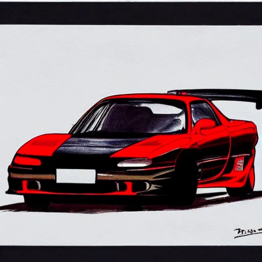 Prompt: pen ink drawing black red 1999 FD RX-7 front side view dynamic racing motion blur Shuichi Shigeno and Michiharu Kusunoki flat drawing two tone color black background dark simple shading