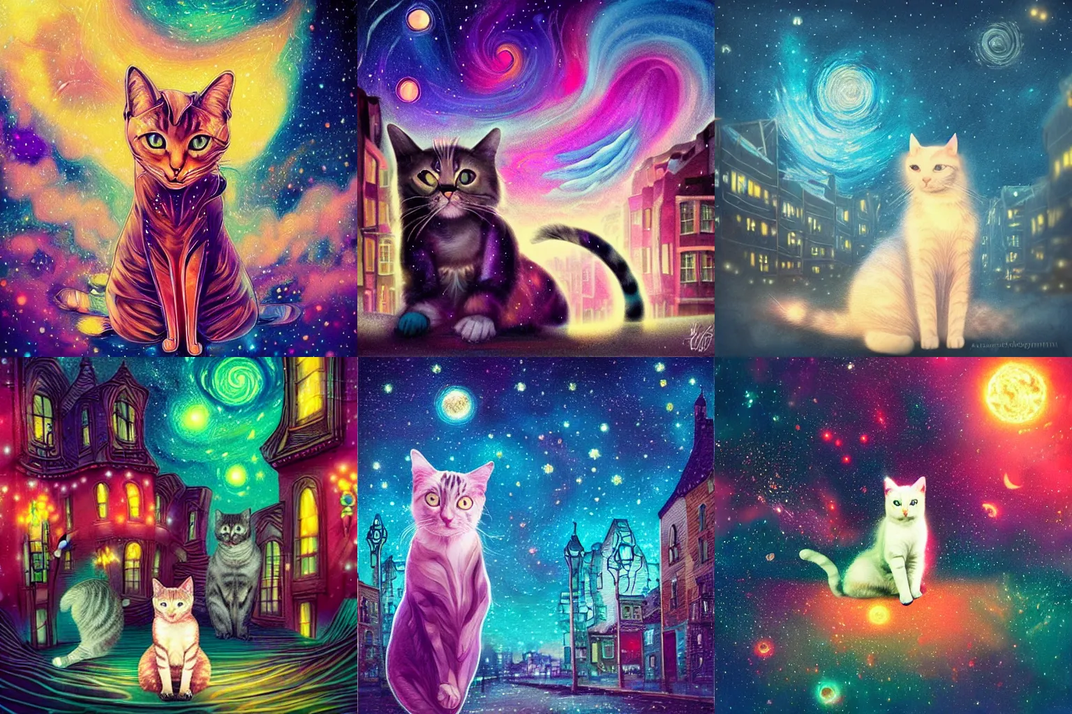 Prompt: fractal cat, jazzy, vibrant, etheral, starry night sky, magical, otherworldly, dusk on a city street, in the style of Anna Dittman, fashion photography