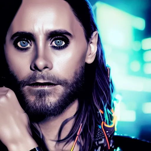 Prompt: jared leto portrait, cyberpunk 2 0 7 7, cyberpunk jackie welles, photorealistic, ultra detailed, neon, octane, bokeh, cinematic lighting, cyber, cyberpunk city, studio quality, feature, scars, cyberface, 8 k