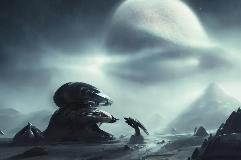 Image similar to spaceship lands on the face of a foreign alien planet, foreboding, dangerous, dark, scary, brooding amazing concept painting by Jessica Rossier and HR Giger