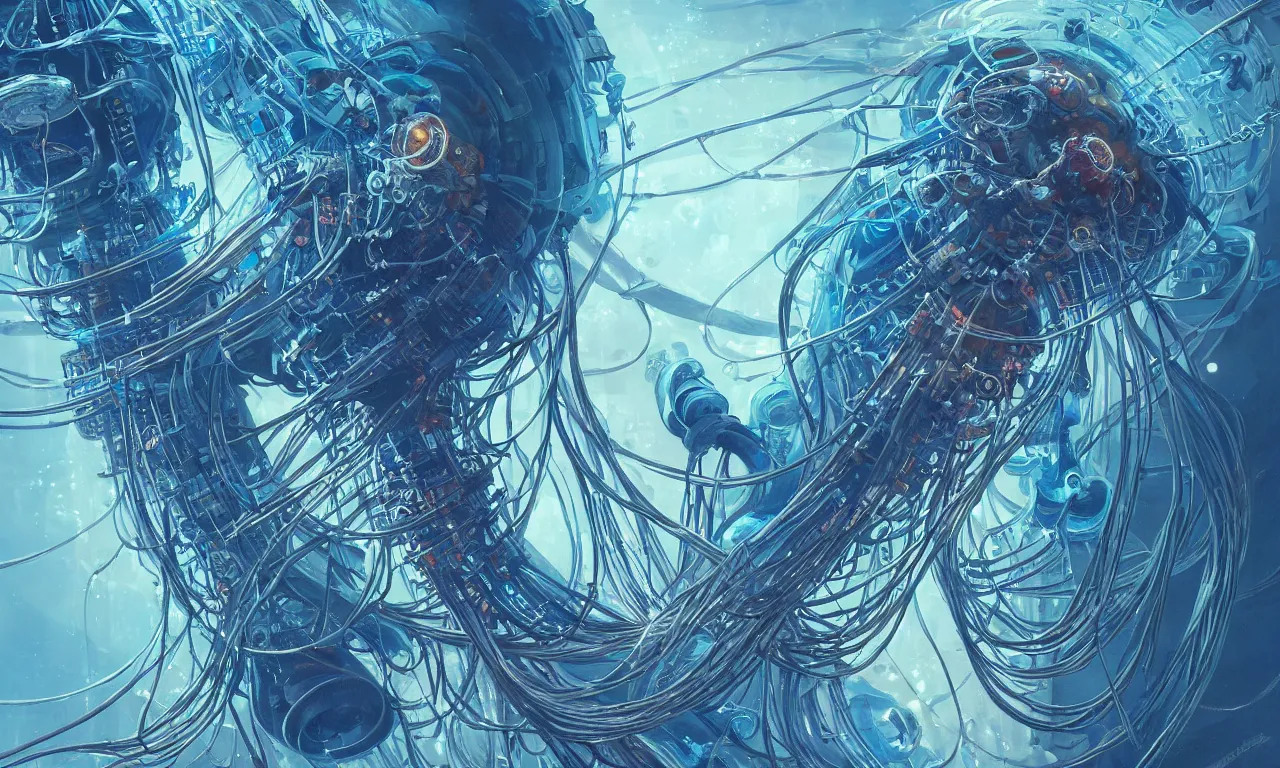 Image similar to a hyper detailed painting of a cyberpunk jellyfish, cables everywhere, blue tones, underwater, highly detailed, digital painting, artstation, concept art, smooth, sharp focus, illustration, art by artgerm and greg rutkowski and alphonse mucha