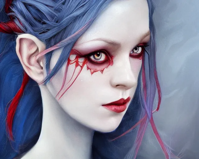 Image similar to A detailed matte oil on canvas head on symmetrical portrait of a distinguished elven woman with red and blue hair on an empty background, by Charlie bowater, Lise Deharme, Wlop, trending on artstationhd, dungeons and dragons art, parted hair , half blue, half red , split dye, critical role