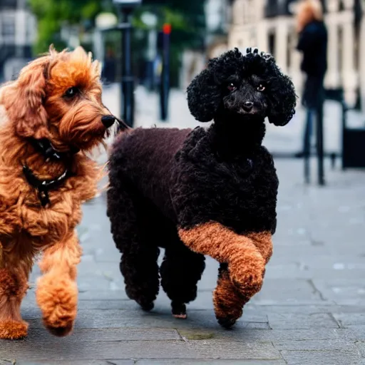 Image similar to black miniature poodle and brown & tan yorskshire terrier best friends walking through london 35mm 4k IMAX sharp focus