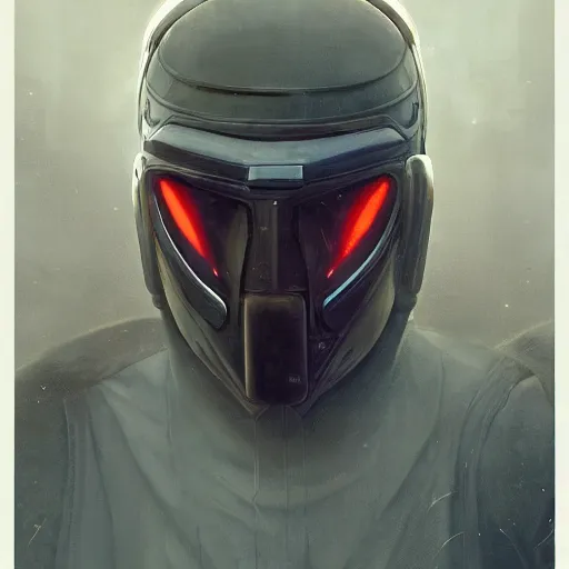 Image similar to dreary realism portrait of masked cyber punk helmet on the art deco streets of the big city, artstation, award - winning realistic sci - fi concept art by jim burns and greg rutkowski, beksinski, a realism masterpiece, muted color palette, james gilleard, bruegel, alphonse mucha, and yoshitaka amano