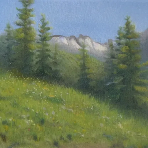 Image similar to cozy meadow at the base of a mountain. Oil on vellum.