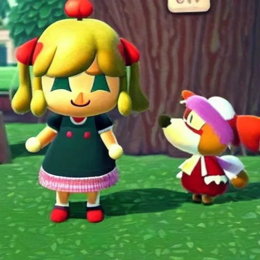 Image similar to A still of Isabelle from Animal Crossing in a lost footage horror movie, late 2000’s, low quality, vhs quality