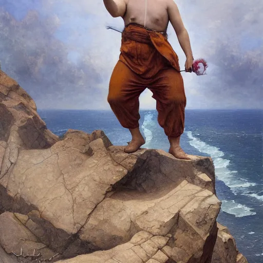 Prompt: Man wearing a dog rotweiler costume standing on a cliff brandishing an orb uni-ball palette knife eric gill charlie bowater guillem h. pongiluppi donato giancola Bastien Lecouffe-Deharme j.c. leyendecker eleanor fortescue-brickdale encaustic silverpoint