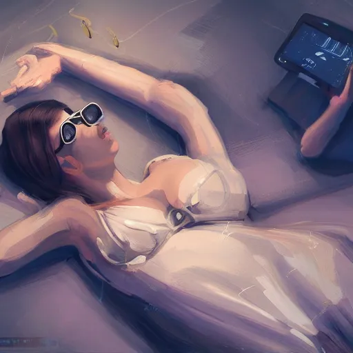 Prompt: drone perspective of a woman, laying down on a bed, in a cluttered dark room, with technology, lit by screens, intricate digital painting, Artstation