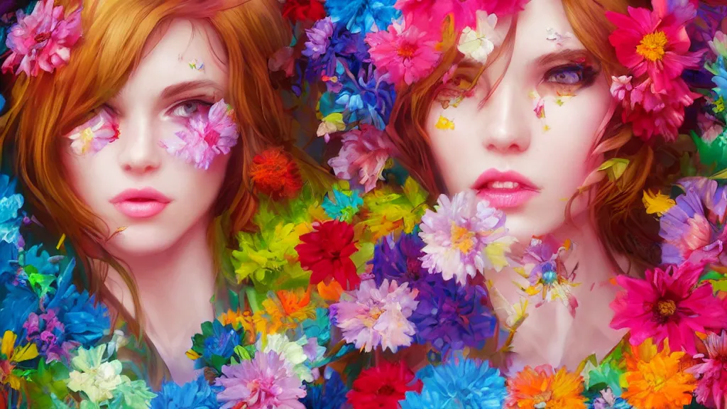 Image similar to stunning colorful mixed media art, female character, flowers, art by cgsociety, 8 k, high resolution