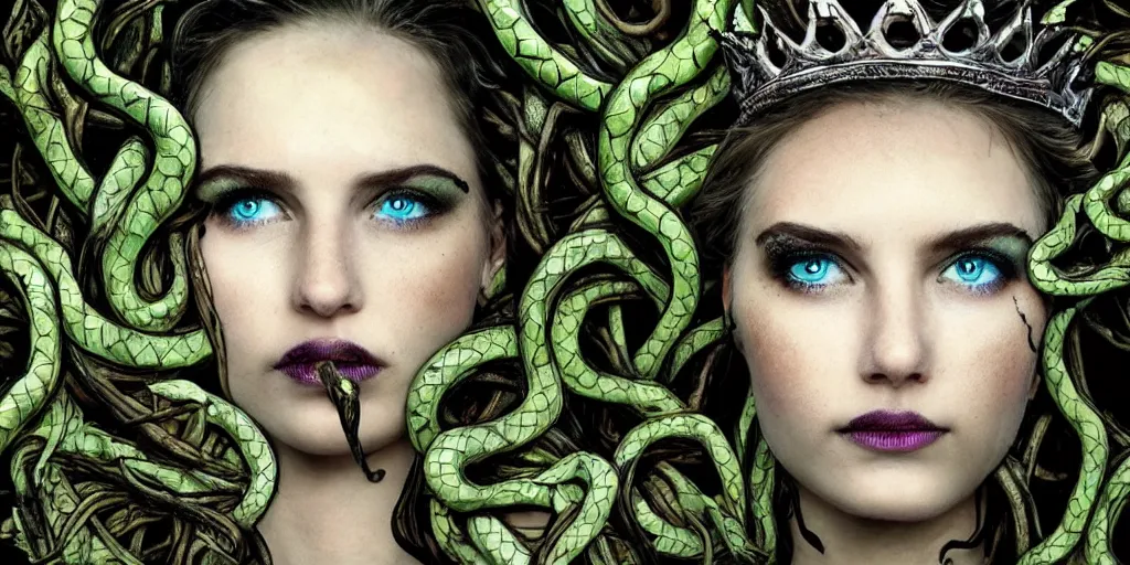 Image similar to queen of snakes, rotting crown of vines, detailed face, piercing green eyes and blue skin