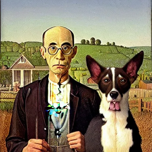 Image similar to two dogs portrait in front of a farmland, grant wood, american gothic from grant wood style