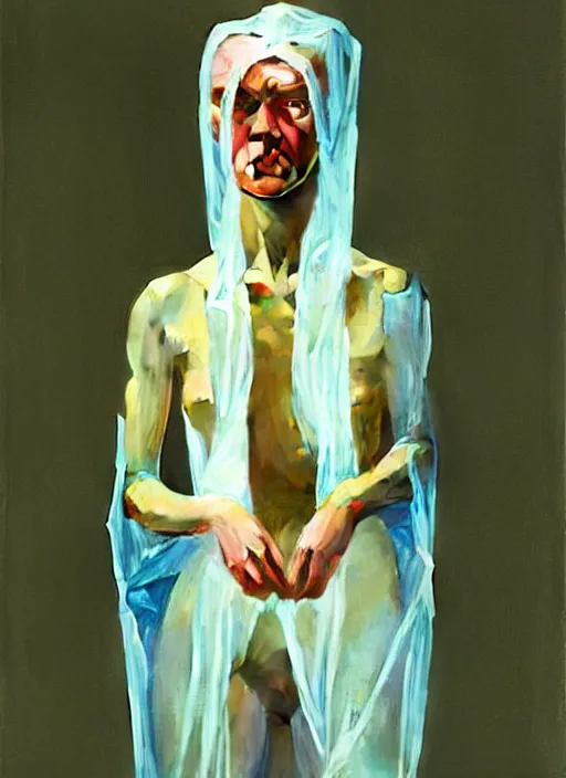 Image similar to woman in a translucent clothing made from plastic bag with paper bags for clothes standing inside paper bags with paper bag over the head at store display Edward Hopper and James Gilleard, Zdzislaw Beksinski, highly detailed