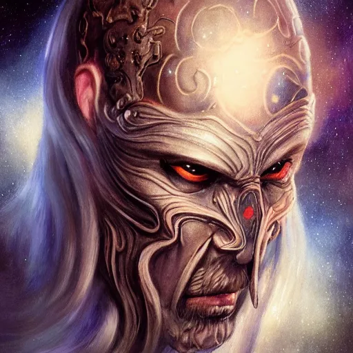 Image similar to a WLOP 3d render of Very very very very highly detailed mystic, enigmatic, strange portrait of a phantom warrior with galaxy, tattoos by Anton Pieck, intricate, extremely detailed, digital painting, artstation, concept art, smooth, sharp focus, illustration, intimidating lighting, incredible art,