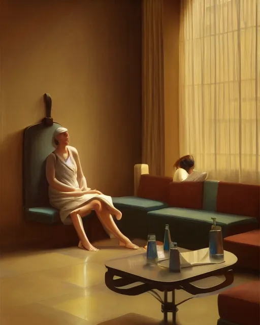 Prompt: woman sitting in the lobby of a hotel painter by George Tooker volumetric lighting, back lighting, rimlight, dramatic lighting, digital painting, highly detailed, artstation, sharp focus, illustration, Artgerm, Jean-Léon Gérôme , ruan jia