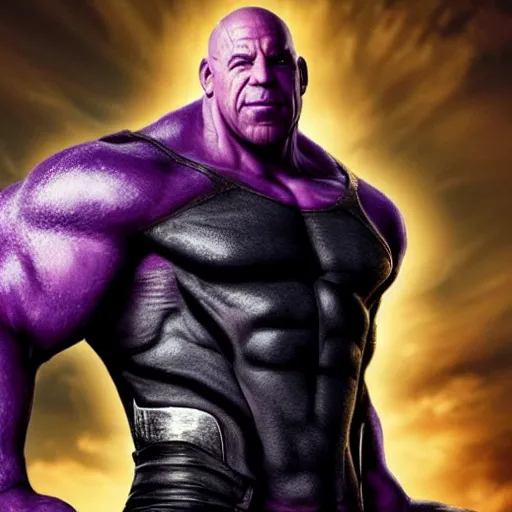 Image similar to vin diesel as thanos, 8k, hyper realistic, cinematic