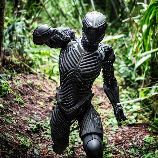 Image similar to close up Crysis Nanosuit shooting at enemies in a jungle combat photography 2022, Canon EOS R3, f/1.4, ISO 200, 1/160s, 8K, RAW, unedited, in-frame,