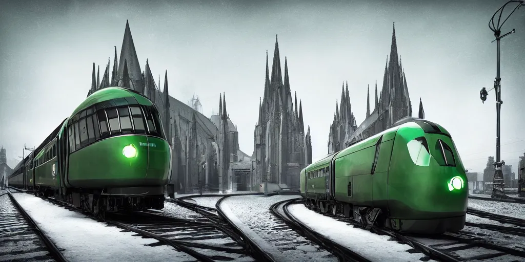 Image similar to hybrid of steel streamline retro train and gothic cathedral church, green locomotive lantern, streamline style, art Deco style, high details,Gothic style, octane render, 8k, artstation, diselpunk, snow