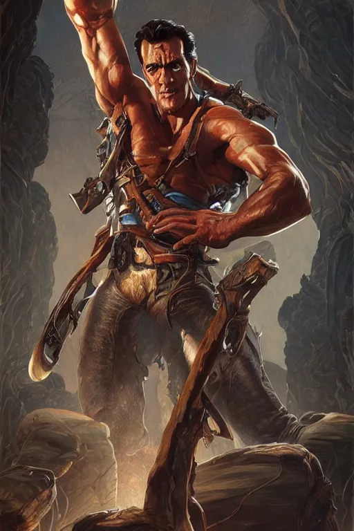 Prompt: Ash Williams from The evil dead, Very muscular, manowar album,intricate, elegant, highly detailed, digital painting, artstation, concept art, smooth, sharp focus, illustration, art by artgerm and greg rutkowski and alphonse mucha