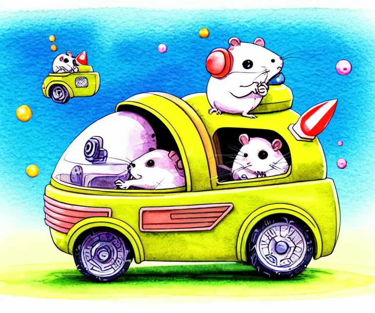 Image similar to cute and funny, hamster wearing a helmet riding in a tiny rocket ship, ratfink style by ed roth, centered award winning watercolor pen illustration, isometric illustration by chihiro iwasaki, edited by range murata, tiny details by artgerm and watercolor girl, symmetrically isometrically centered, focused