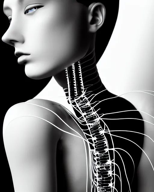 Prompt: black and white spiritual connected young female cyborg - plant goddess high quality photo, microchip, artificial intelligence, bio - mechanical bio - luminescence, black wired cables, neurons, nerve cells, cinematic, rim light, photo - realistic, elegant, high detail, 8 k, masterpiece, high fashion