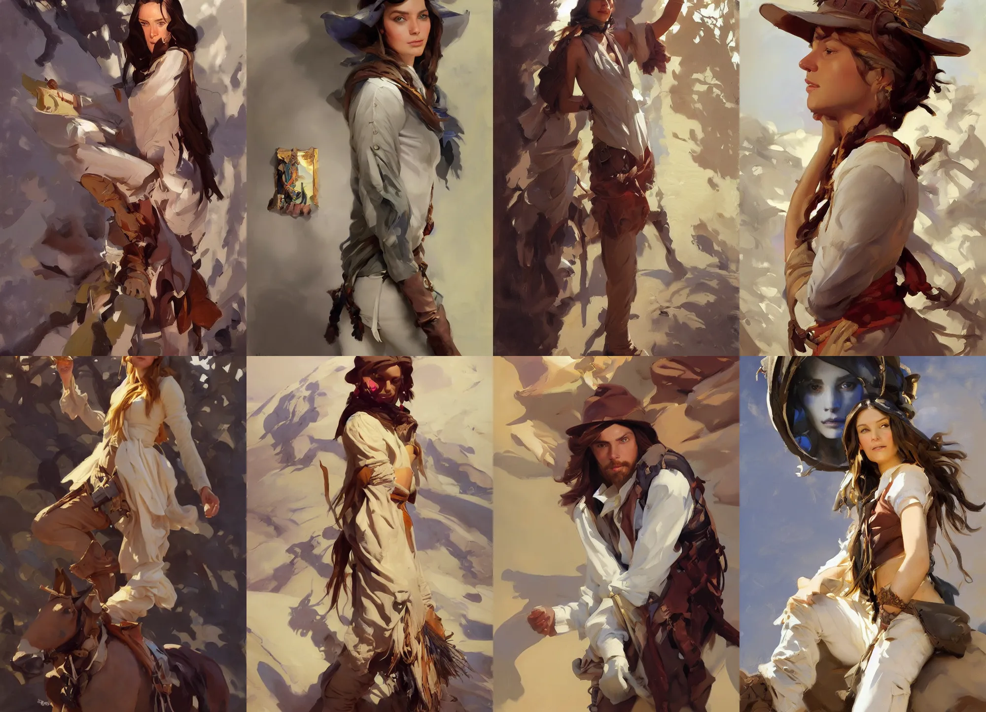 Prompt: in full growth portrait of hippie model girl jodhpurs hyperborea winter traveler treasure hunter greg manchess painting by sargent and leyendecker, fantasy, medium shot, asymmetrical, intricate, elegant, matte painting, illustration, hearthstone, by rhads, by greg rutkowski, by greg tocchini, by james gilleard, by joe fenton