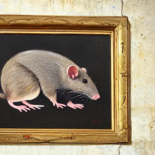 Image similar to painting of a rat!!!!!!!!!!!!!, painting of a rat!!!!!!!!!!!!! high definition picture of a painting of a rat with a rat head, on a wall, with only the body of the ( ( ( ( ( ( mona lisa ) ) ) ) ) )