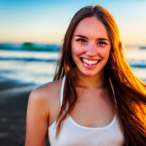 Image similar to A cute and beautiful young woman with long shiny bronze brown hair and green eyes, cute freckles, smug smile, golden hour, beach background, medium shot, mid-shot,