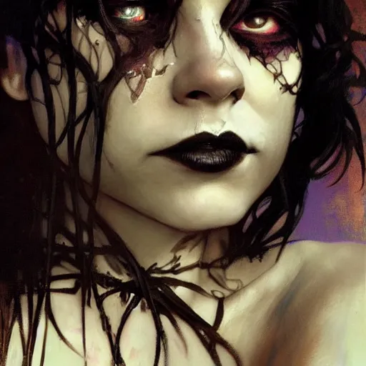 Image similar to beautiful portrait of vanessa hudgens as death from sandman, smiling, by cedric peyravernay, alphonse mucha, by jeremy mann, by lecouffe deharme, goth chic, soft lightning, eyeliner, punk rock, high detailed, 8 k