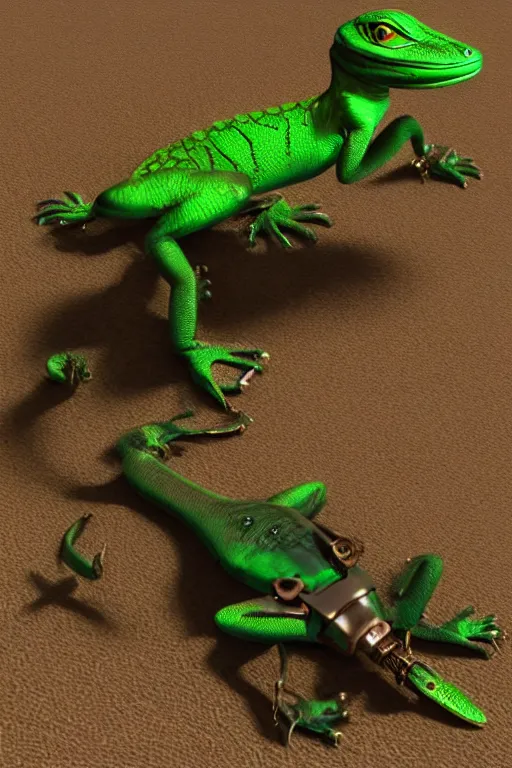 Prompt: green lizard eubeofar with 4 paws, style steampunk, cycle render