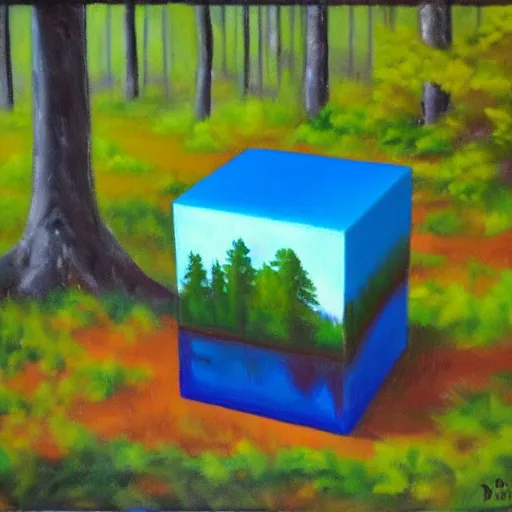 Prompt: oil painting of a blender default cube sitting in the middle of a forest clearing, bob ross