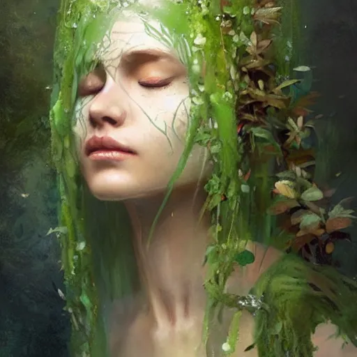 Image similar to a beautiful portrait of a plant goddess with closed eyes by Greg Rutkowski and Raymond Swanland, wet leaves, Trending on Artstation, ultra realistic digital art