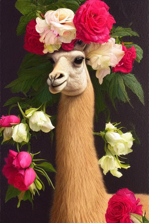 Prompt: beautiful anthro portrait of a Llama, colourful roses and gladioli, close-up, sharp focus, golden ratio, intricate oil painting by John William Godward and Anna Dittman, anthro art masterpiece, Neo-Gothic, Neoclassical, Neo-Gothic, anthro daily deviation