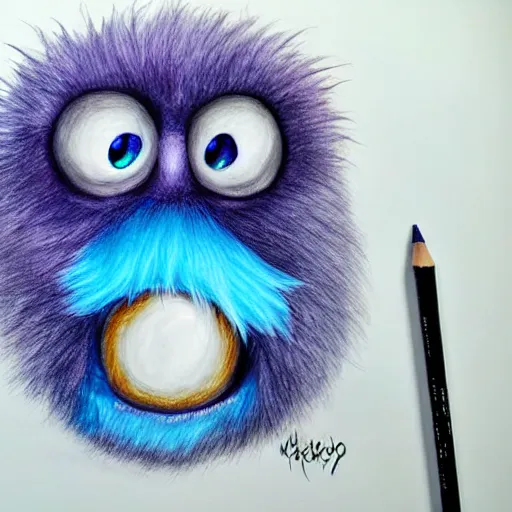 Prompt: A realistic drawing of a blue fuzzy monster with purple horns and one big cute eye