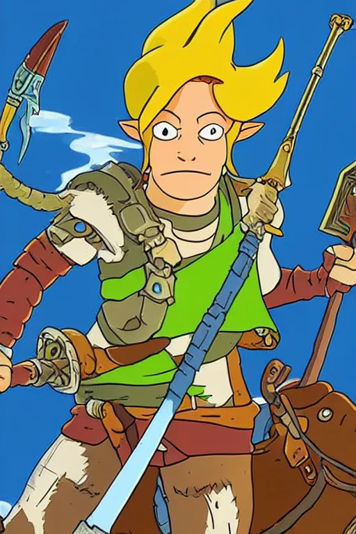 Image similar to an in game portrait of fry from futurama in the legend of zelda breath of the wild, breath of the wild art style.