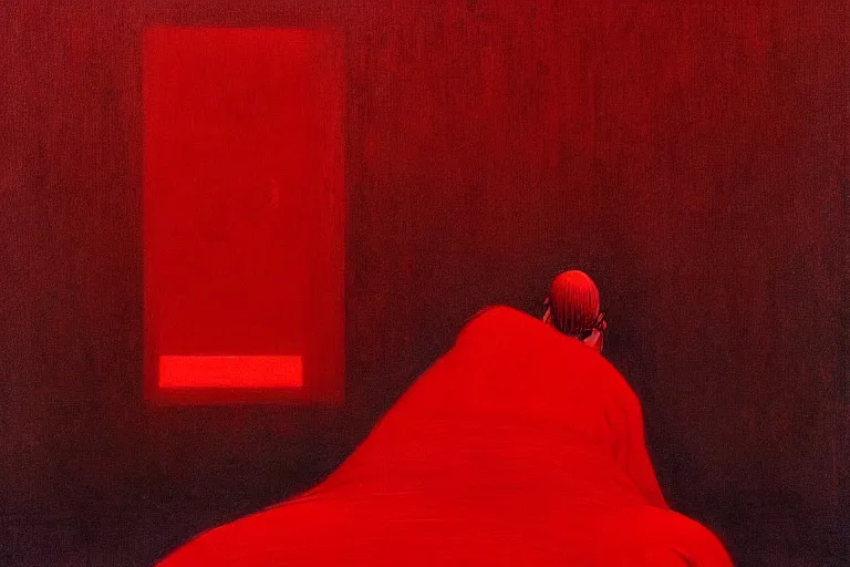 Image similar to only with red, a red samurai, tokio in background, some evil yokai, in the style of beksinski, parts by edward hopper, parts by rodcenko, parts by yue minjun, intricate and epic composition, red by caravaggio, insanely quality, highly detailed, masterpiece, red light, artstation, 4 k