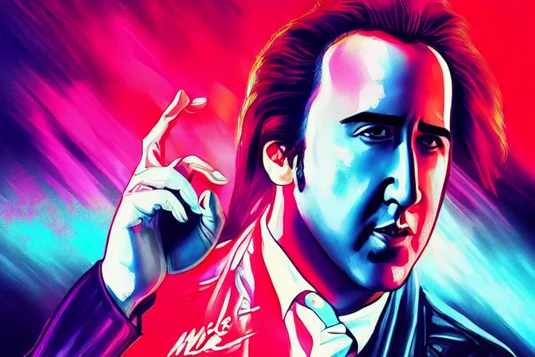 Image similar to young nicolas cage from wild at heart starring in “ miami vice ” movie poster artwork, 4 k digital art, neon, 8 0's style artstation, concept art, smooth, sharp focus, illustration, artgerm