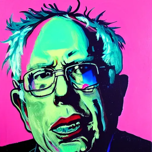 Image similar to bernie sanders like a dream, oil painting, cyberpunk, basquiat + francis bacon, elevated street art, fantasy lut, pink, blue, purple, green,