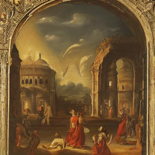 Image similar to In the center of the painting is a large gateway that seems to lead into abyss of darkness. On either side of the gateway are two figures, one a demon-like creature, the other a skeletal figure. in India by David B. Mattingly, by Frans Francken the Younger funereal