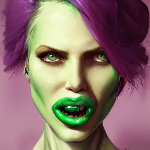 Prompt: a face portrait of a purple haired human woman, with a green tongue, by dorian cleavenger, greg rutkowski, wlop, trending on artstation