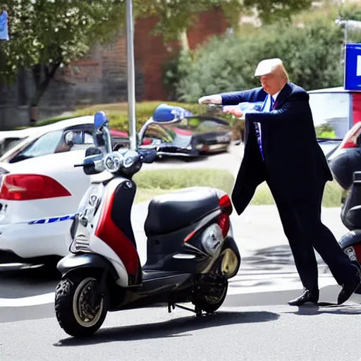 Image similar to donald trump riding a toy scooter away from police cars