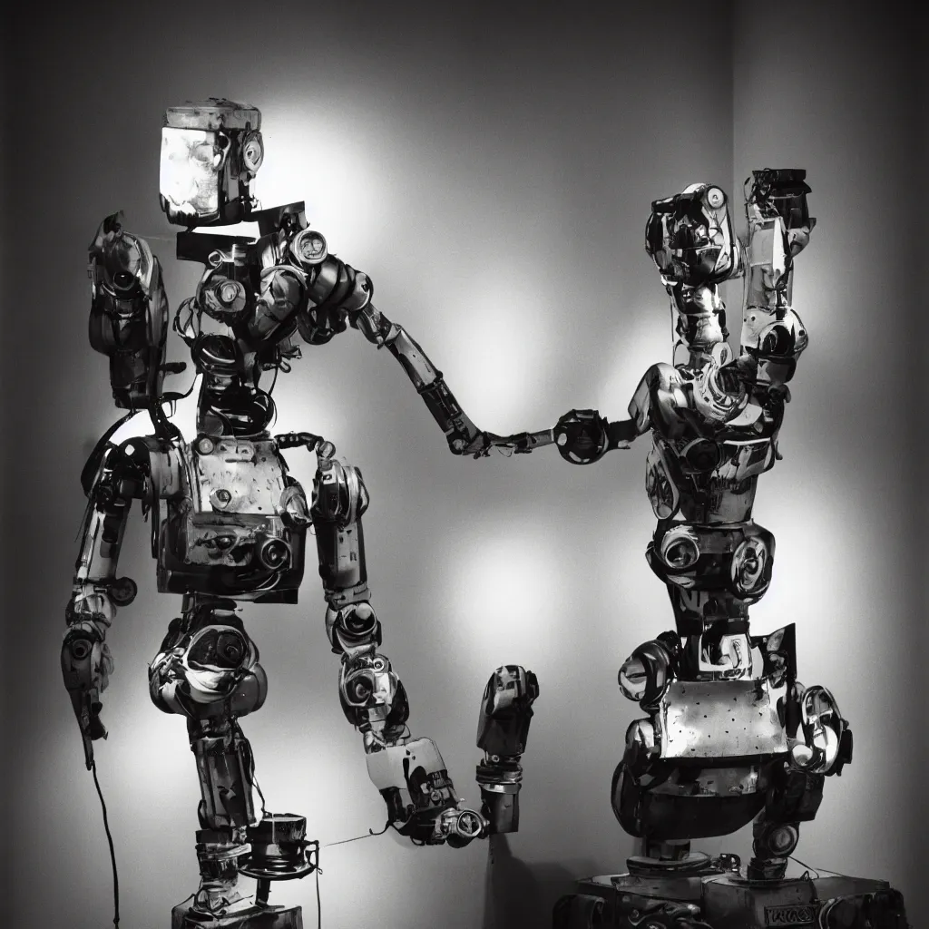 Prompt: studio portrait photo of a 50's robot, 50mm, kodak, backlit, steve mccurry, film