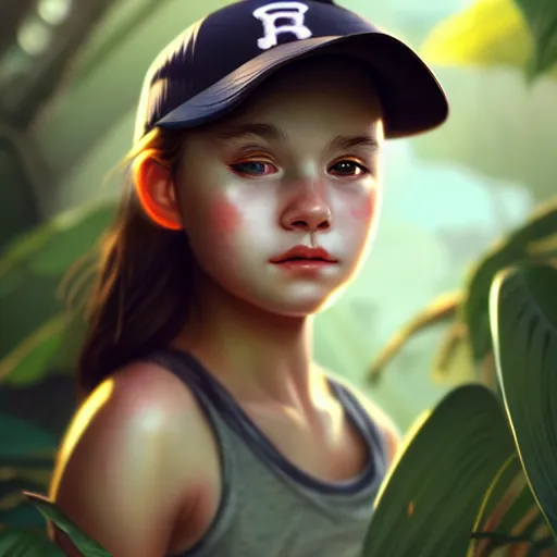 Image similar to portrait of cute young girl, wearing baseball cap, lonely, jungle clothing, survivor, jungle setting, bokeh, sharp focus, character art, illustration, digital painting, trending on artstation, greg rutkowski.