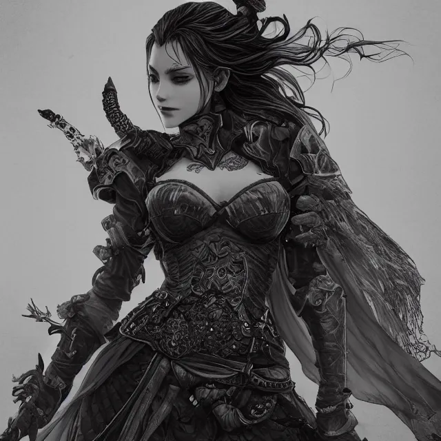 Prompt: the portrait of the neutral evil fallen female dark knight vagabond as absurdly beautiful, gorgeous, elegant, sophisticated european gravure idol, an ultrafine hyperdetailed illustration by kim jung gi, irakli nadar, intricate linework, detailed faces looking up, octopath traveler, unreal engine 5 highly rendered, global illumination, detailed and intricate environment, 8 k