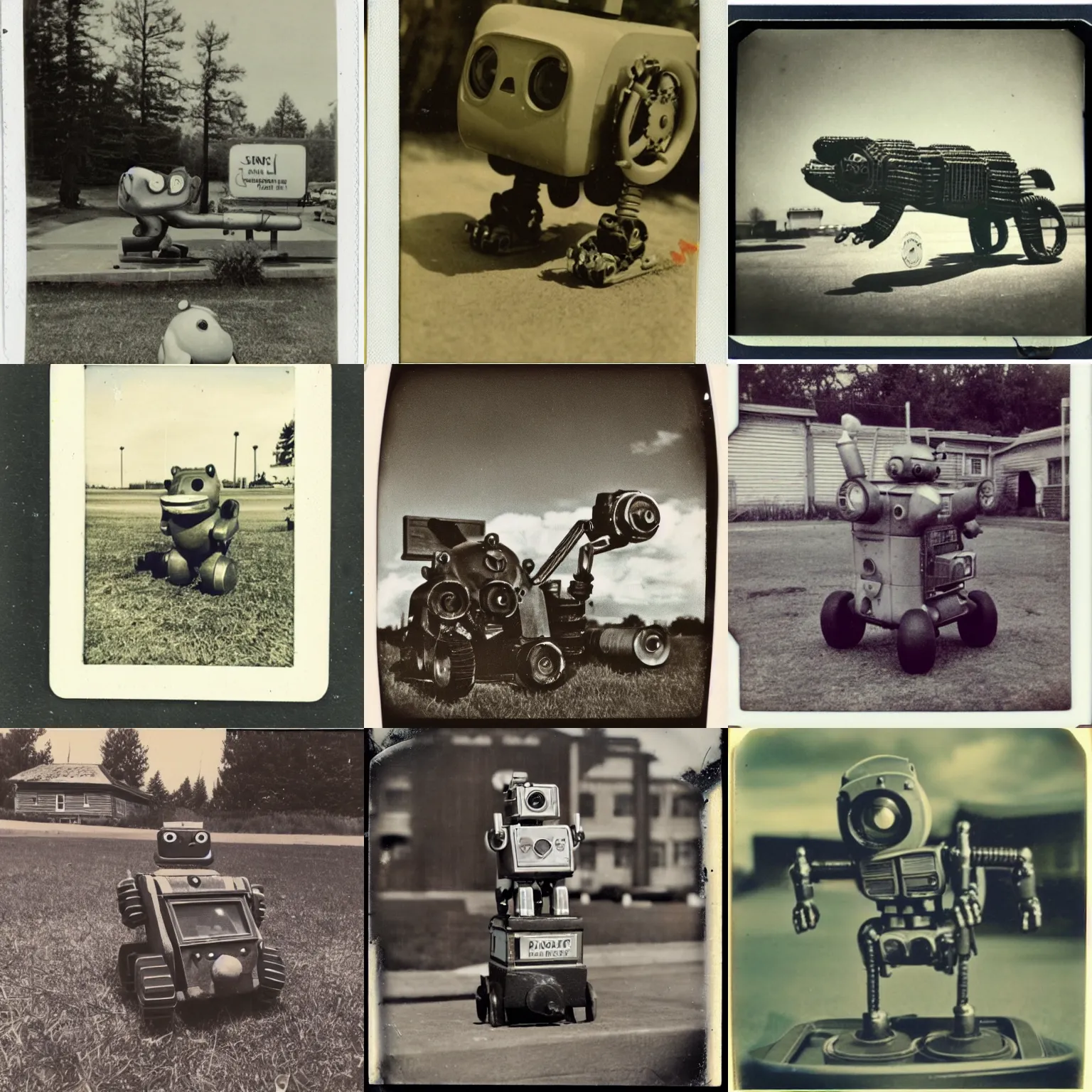 Prompt: old polaroid from 1 9 5 2 depicting an intricate mechanical robot beaver, on a military base, sunny day