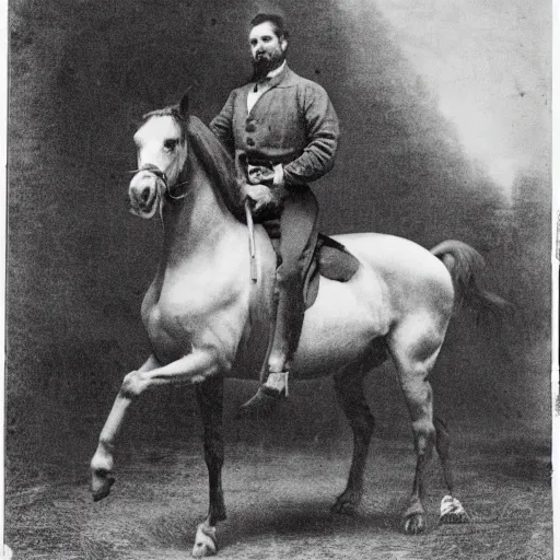 Image similar to a man sitting on a horse, he is screaming and holding both his arms up.